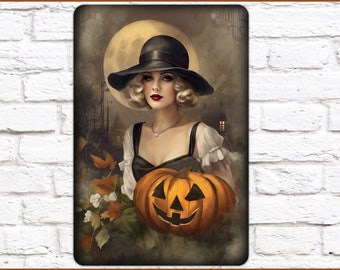 May include: A vintage Halloween-themed image. It depicts a woman in a black hat and dress, holding a carved pumpkin. The background features a full moon, a spooky house, and autumn leaves, creating a festive, seasonal atmosphere.