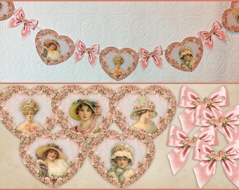 Vintage Style, Valentine's Day Banner, Garland, Valentine Bunting, Party Decor, Victorian Style, Victorian Valentine