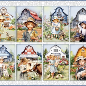 Vintage Children on the Farm, Atc Cards, Tags, Scrapbook Supplies, Junk Journaling, Card Making Supplies, Card Toppers