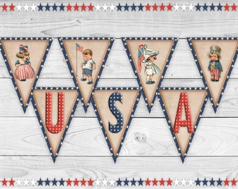 Large Patriotic Banner, Shabby Chic, Vintage Style, 4th of July Banner, Bunting, Garland, Independence Day Decoration