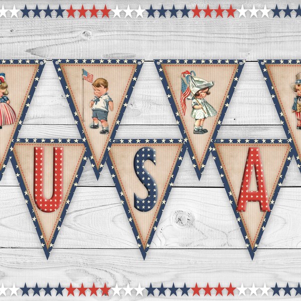 Large Patriotic Banner, Shabby Chic, Vintage Style, 4th of July Banner, Bunting, Garland, Independence Day Decoration