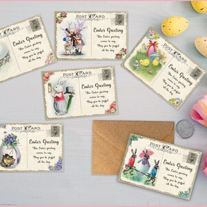 May include: Set of six vintage-style Easter postcards featuring various illustrations of bunnies, chicks, and eggs. Each card has the text "Easter Greeting" and a message wishing the recipient a joyful day.