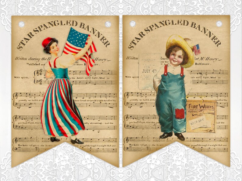 May include: Two printable patriotic banner designs featuring vintage illustrations of a woman holding an American flag and a child holding a sign that says "July 4th". The banners are printed on a background of sheet music with the words "Star Spangled Banner" at the top.