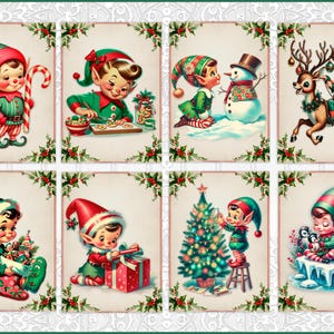 Retro Elf Christmas, Atc Cards, Tags, Scrapbook Supplies, Junk Journaling, Card Making Supplies, Christmas ATC, Card Toppers