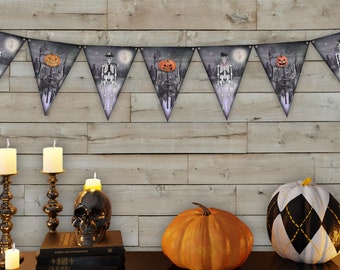 Large Halloween Banner, Skeletons, Pumpkins, Halloween Party, Bunting, Garland, Laminated Option