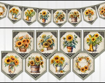 Sunflower Banner, Summer Banner, Garland, Bunting, Summer Decor, Fall Decor, Two Sizes Available, Laminating Optional