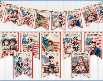 Patriotic Banner, Vintage Style, 4th of July Banner, Bunting, Garland, Independence Day Decoration, Patriotic Decor