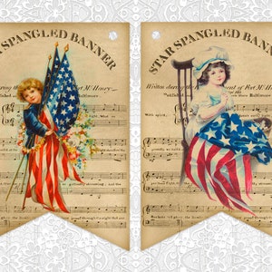 May include: Two vintage printable banners featuring the lyrics to the Star-Spangled Banner. The banners depict illustrations of children holding American flags. The text on the banners reads "Star Spangled Banner" and includes the lyrics "Written during the...Published...With spirit..."