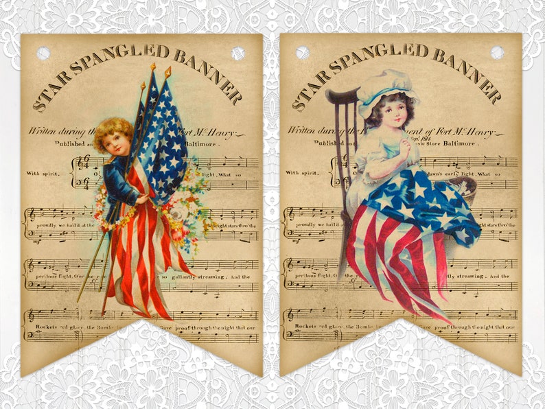 May include: Two vintage printable banners featuring the lyrics to the Star-Spangled Banner. The banners depict illustrations of children holding American flags. The text on the banners reads "Star Spangled Banner" and includes the lyrics "Written during the...Published...With spirit..."