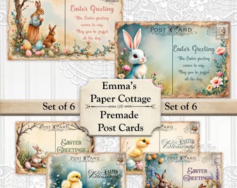 Vintage Style Easter Post Cards, Set of 6 With or Without Envelopes, Easter Greeting Cards