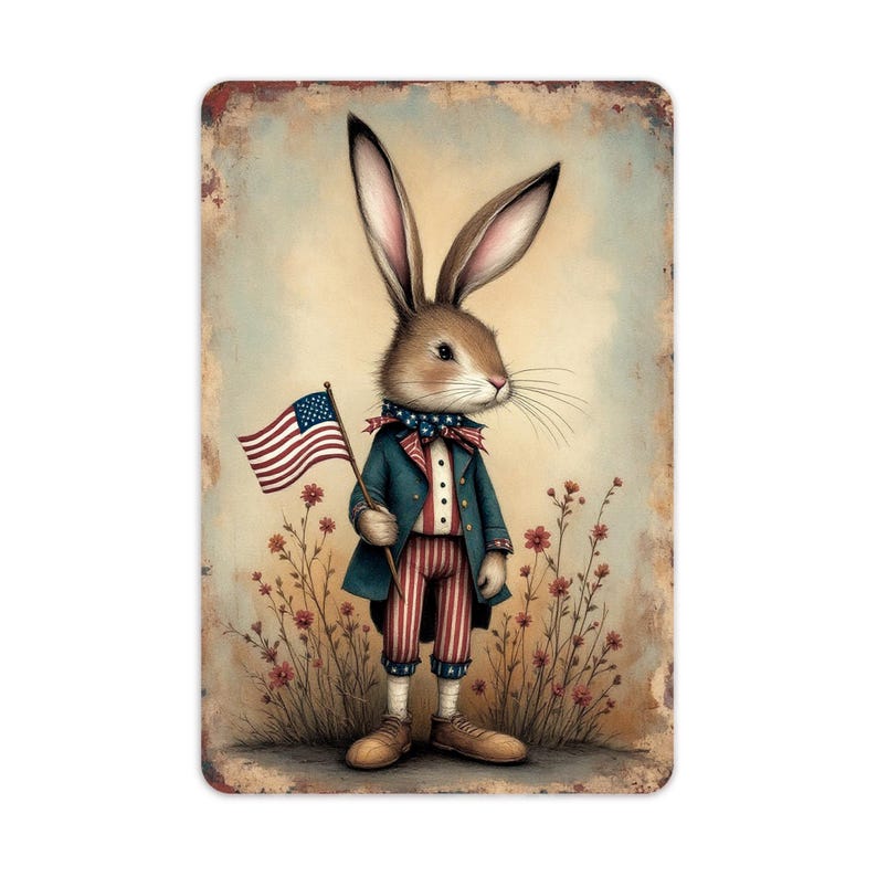 Patriotic Bunny Metal Sign, Patriotic Primitive Folk Art Country Decor ...