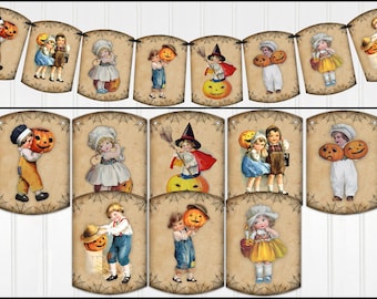 Vintage Style Halloween Banner, Garland, Halloween Bunting, Victorian Children, Halloween Decor, Party Decorations. Two Sizes Available.