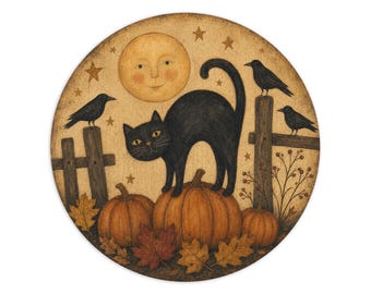 Fall Halloween Primitive Round Metal Wall or Wreath Sign, Americana Primitve Decor
