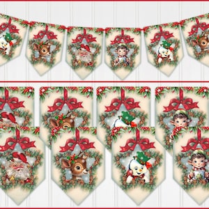 Vintage Style, Christmas Banner, Garland, Christmas Bunting, Retro Christmas, Party Decor, Laminated Optional, Two Sizes Available