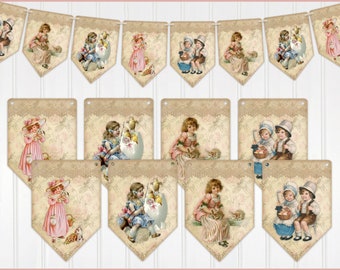May include: A banner with 10 pennants featuring vintage illustrations of children holding Easter baskets, chicks, and bunnies. The pennants are decorated with a lace pattern and floral designs.