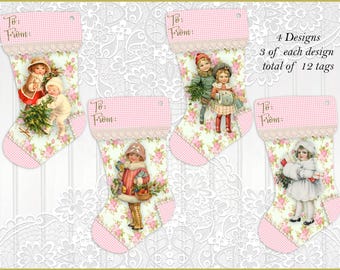 Shabby Chic, Cottage, Pink Christmas Gift Tags, Victorian Style, Pink, Stockings