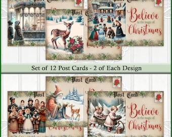 Könnte beinhalten: Ein Set aus 12 Weihnachtspostkarten mit sechs verschiedenen Illustrationen im Vintage-Stil, darunter ein Reh, ein Schneemann, der Weihnachtsmann und Engel. Jede Karte zeigt den Text Post Card und Believe in the magic of Christmas.