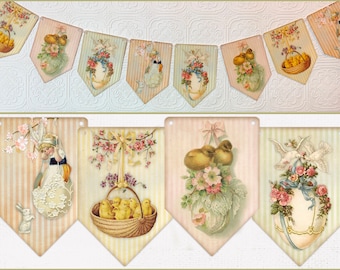 May include: A vintage-style Easter banner with 10 pennants. Each pennant features a different Easter-themed image, including chicks, bunnies, eggs, and flowers. The pennants are strung together with a white ribbon.