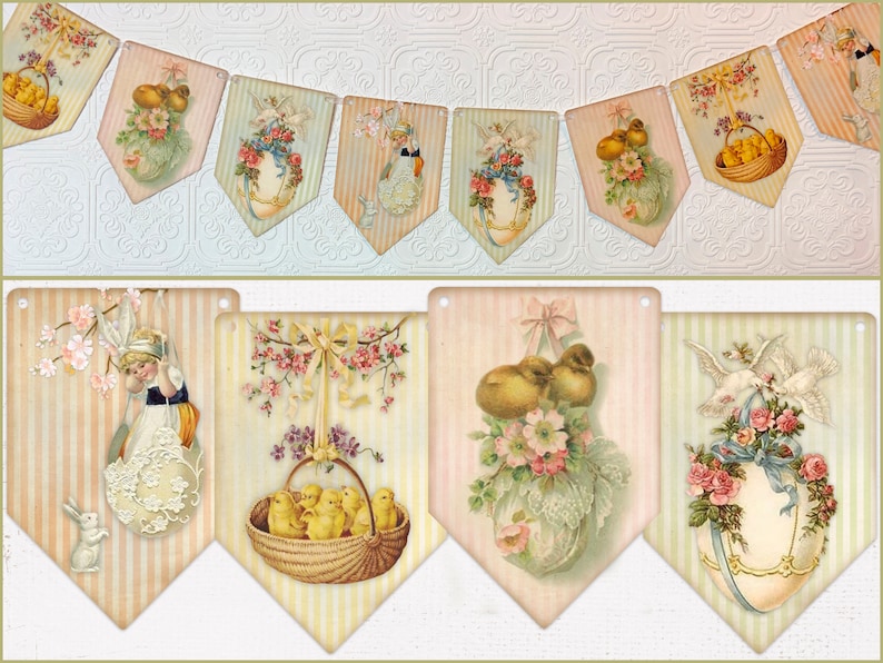 May include: A vintage-style Easter banner with 10 pennants. Each pennant features a different Easter-themed image, including chicks, bunnies, eggs, and flowers. The pennants are strung together with a white ribbon.