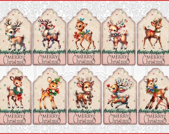 Retro Style Christmas Gift Tags, Card Making, Junk Journaling, Die-Cuts, Christmas Gift Tags, Reindeer Tags