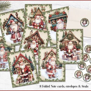 Christmas Cards, Note Cards, Greeting Cards, Greeting Card Set of 8, Envelopes, Seals, Santa Christmas Cards