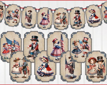 Patriotic Banner, Vintage Style, 4th of July Banner, Bunting, Garland, Independence Day Decoration, Patriotic Decor