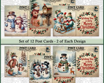 Könnte beinhalten: Ein Set aus zwölf Postkarten im Vintage-Stil mit sechs verschiedenen Weihnachtsmotiven, darunter Schneemänner, Tannenbäume, Schlitten und Stechpalmenkränze. Jede Karte enthält den Text POST CARD sowie Wishing You a very Merry Christmas.