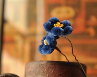 Lovely blue flower hairpin，Mulberry Silk Hair fork