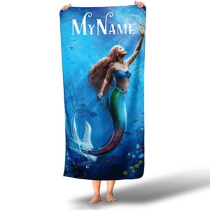 Customizable Beach Towel with Personalized Name, Little Mermaid Inspired Design, Perfect Gift