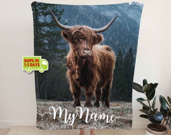 Highland Cow Blanket - Highland Cow Throw Blanket - Highland Cow Fleece Blanket personalized with your name, custom blanket