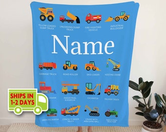 Kids Work Vehicles - Personalized Custom Fleece and Sherpa Blankets with Your Child's Name - Small Medium and Large Sizes