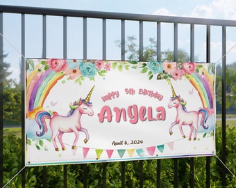 Custom Birthday Banner, Unicorn Inspired Vinyl Banner Pre-Designed Personalized with your name, ready to hang, handmade Kids Party Decor #5