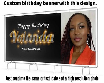 Custom Happy Birthday Banner | Personalized Birthday Banner With Picture | Personalized Birthday Backdrop | Gold Happy Birthday Vinyl
