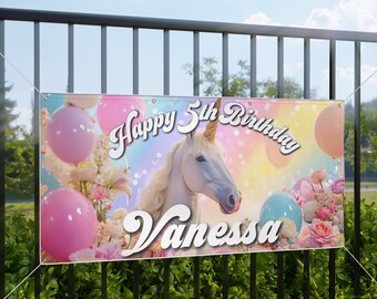 Custom Birthday Banner, Unicorn Inspired Vinyl Banner Pre-Designed Personalized with your name, ready to hang, handmade Kids Party Decor #2