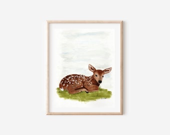 Deer Painting Watercolor Fawn Watercolor Painting Cute Animal Painting Gift For Mom Animal Watercolor Painting Print titled "Resting Fawn"