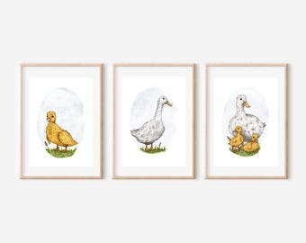 Vintage Duck and Duckling Nursery Watercolor Prints Mama and Baby Duck Art for Nursery Vintage Style Watercolor Duck Print Nursery Art