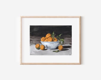 Vintage Bowl of Oranges Print Gouache Still Life Painting Bowl of Fruit Still Life Gouache Painting