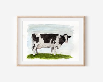Cow Painting Watercolor Farm Animal Watercolor Painting Farm Painting Gift For Mom Animal Watercolor Painting Print titled "Cow on Watch"