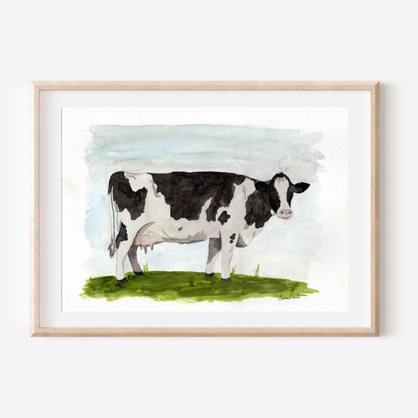 Cow Painting Watercolor Farm Animal Watercolor Painting Farm Painting Gift For Mom Animal Watercolor Painting Print titled "Cow on Watch"