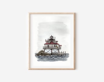 Lighthouse Painting Watercolor Annapolis Lighthouse Watercolor Painting Beach House Painting Print titled "Thomas Point Shoal Lighthouse"