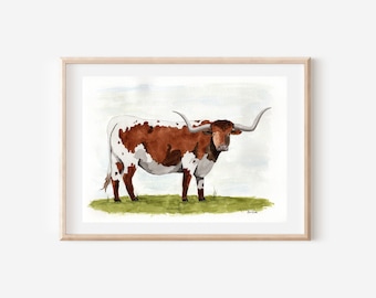 Longhorn Painting Watercolor Cow Watercolor Painting Farm Painting Gift For Dad Animal Watercolor Painting Print titled "Longhorn On Watch"
