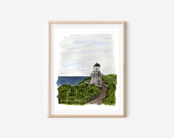Lighthouse Painting Watercolor New Zealand Lighthouse Watercolor Painting Housewarming Gift Print titled "Manukau Heads Lighthouse"