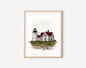 Lighthouse Painting Watercolor Massachusetts Lighthouse Watercolor Painting House Decor Watercolor Print titled "Nobaska Point Lighthouse"