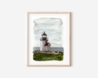 Lighthouse Painting Watercolor Massachusetts Lighthouse Watercolor Painting House Decor Watercolor Print titled "Brant Point Lighthouse"