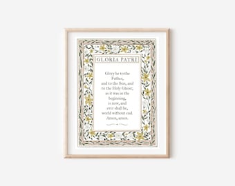 Stampa digitale ad acquerello di Gloria Patri, dipinto cristiano ad acquerello con bordo decorativo, arte cristiana ad acquerello.