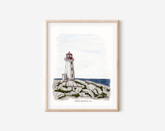 Lighthouse Painting Watercolor Canada Lighthouse Watercolor Painting Housewarming Gift Watercolor Print titled "Peggy's Cove Lighthouse"