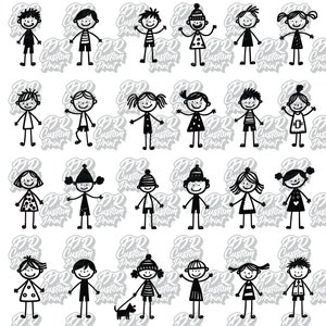 May include: A set of 20 black and white stick figure illustrations of people. The figures are in various poses, including standing, sitting, and holding hands. Some figures are wearing hats or other accessories.