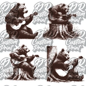 Könnte beinhalten: Eine digitale Illustration von vier braunen Bären, die auf Baumstümpfen sitzen und Akustikgitarren spielen. Die Bären sind im Vintage-Stil auf weißem Hintergrund gezeichnet.
