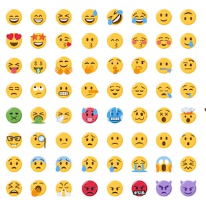 Peut inclure: Un ensemble de 80 émojis jaunes avec différentes expressions, notamment heureux, triste, surpris, en colère, et plus encore.