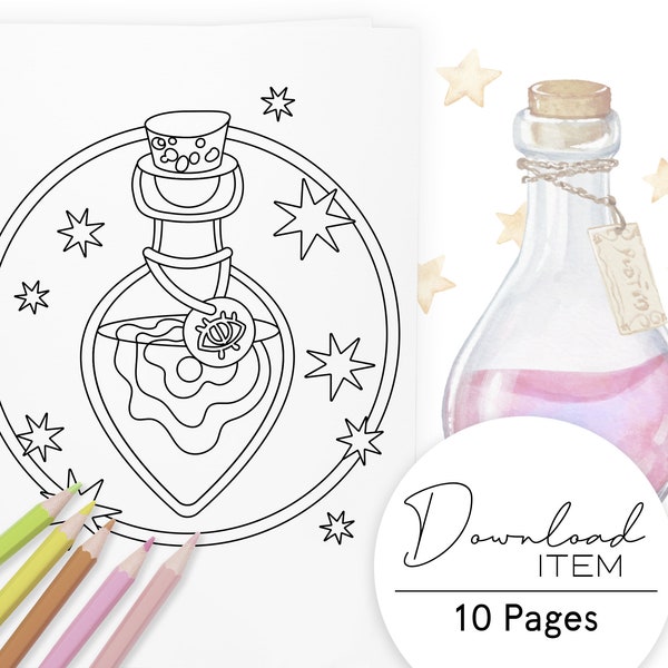 Magical Coloring Pages for Adults: "Potion Magic", Printable PDF with 10 Minimalist Designs, Digital Coloring Book for Relaxation